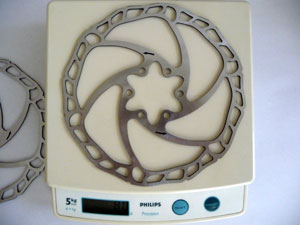 Hygia SLP disc brake rotor on scale weighing 80g