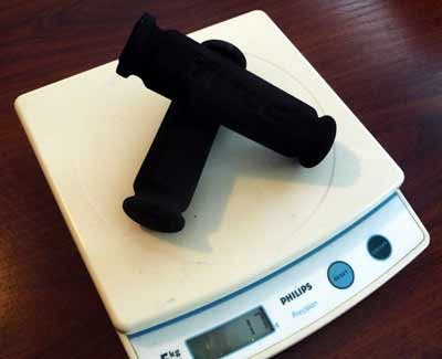 Pair of Titec Pork Rinds Mountain Grips on scale at 17g