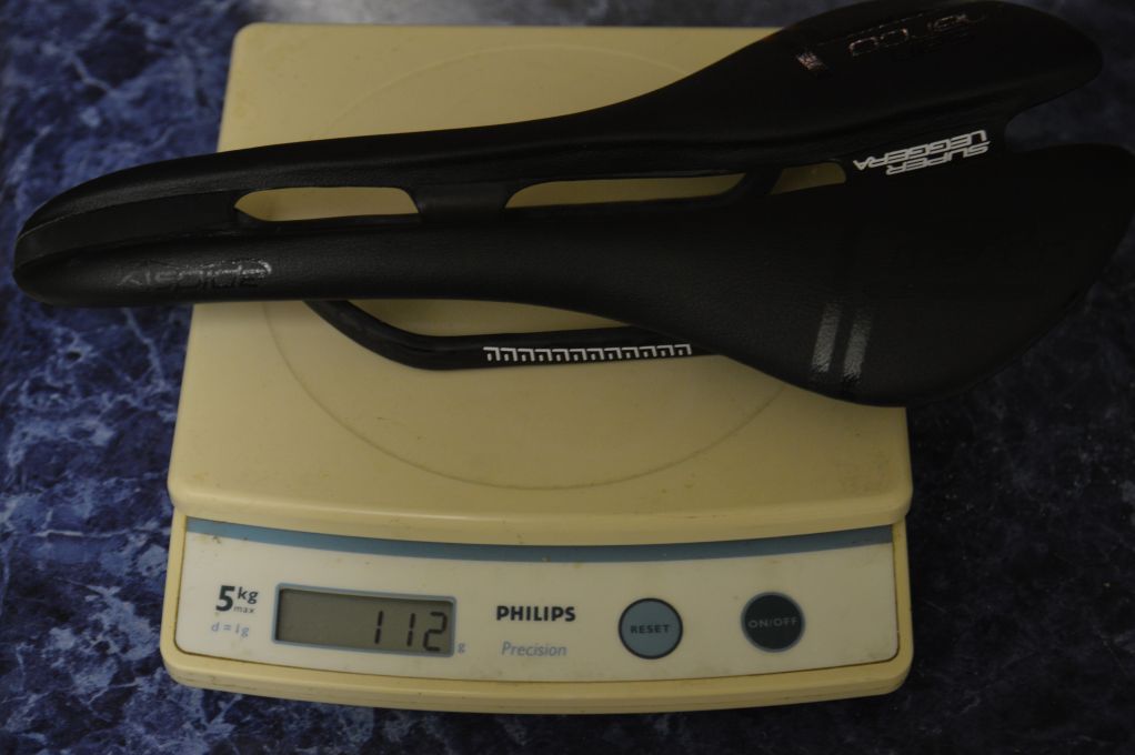 San Marco Super Leggera saddle with carbon rails on scale at 112g